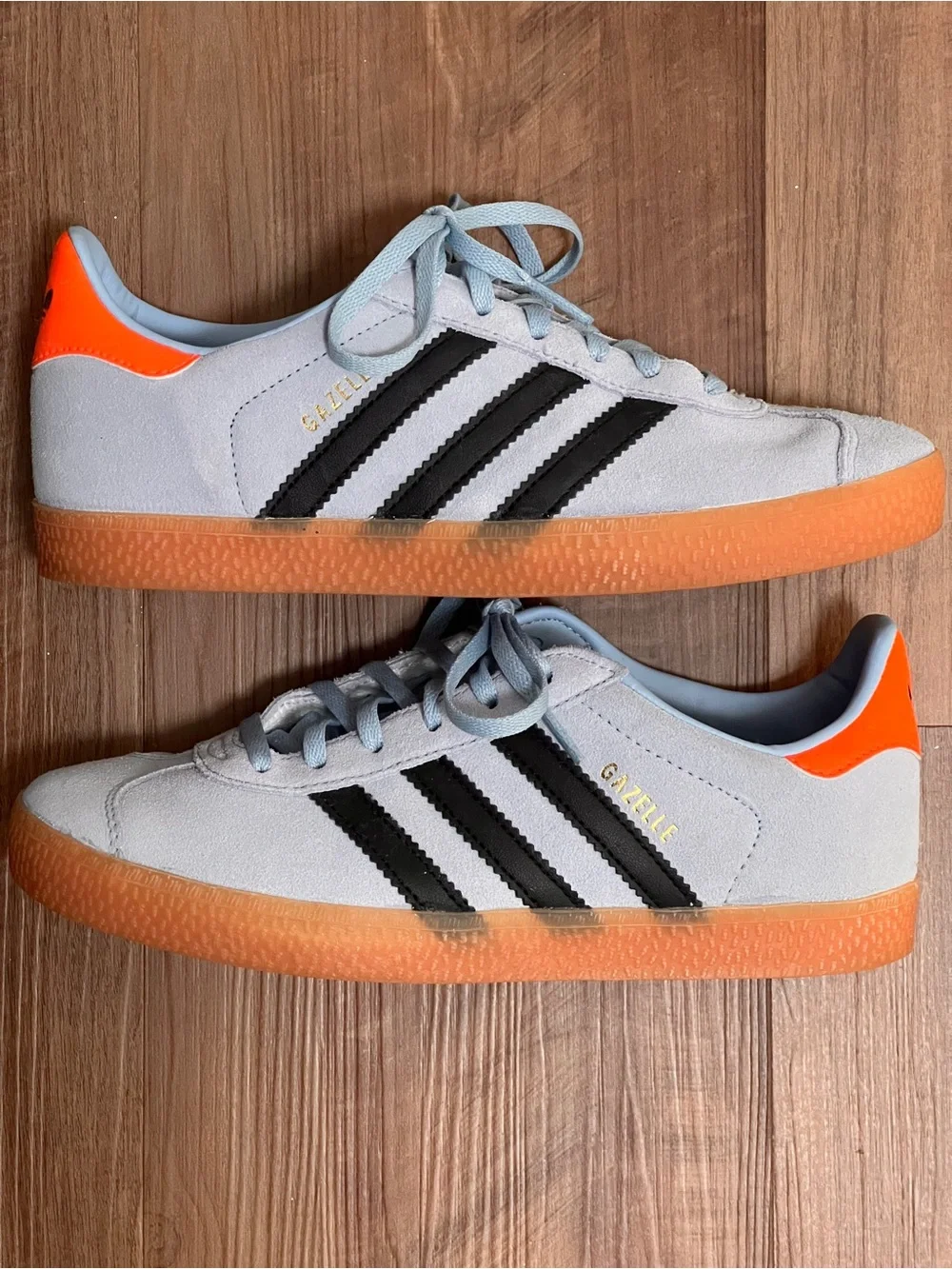 adidas Gazelle Suede Sneakers - Light Blue, Black & Orange Youth 4 Women 6